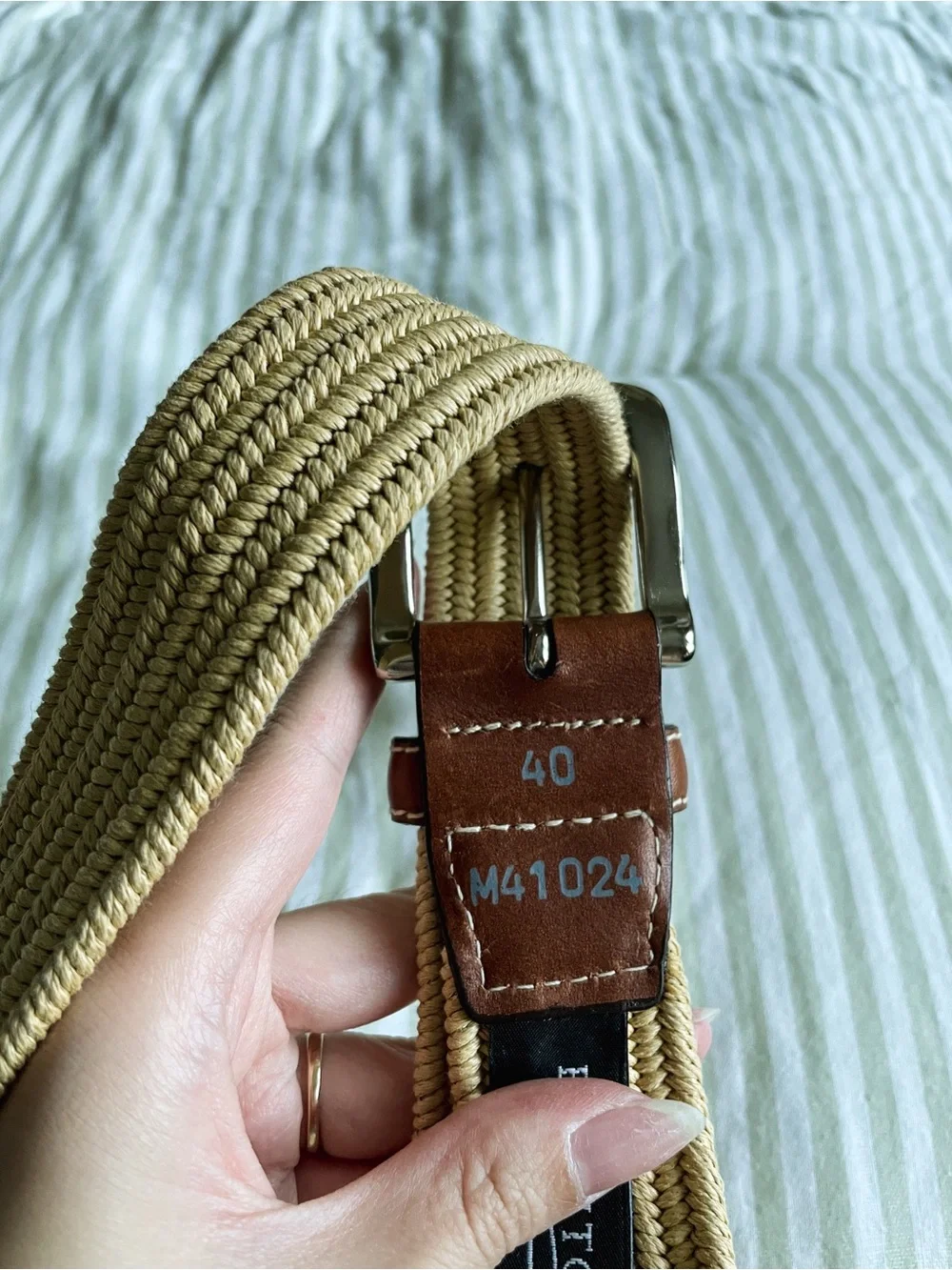 Men’s Brighton Palmer Woven Stretch Leather Belt Size 40 Cream Cognac